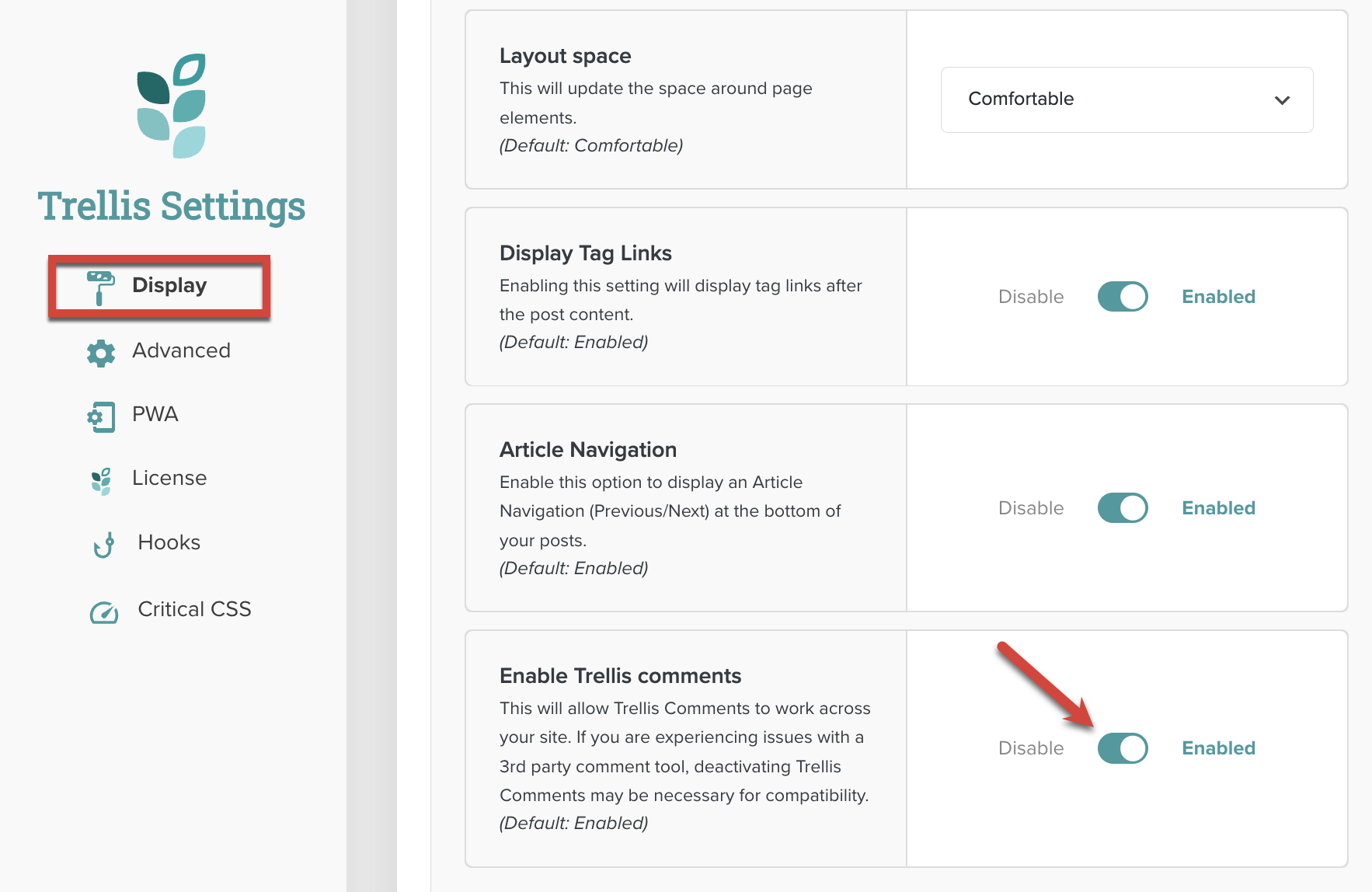 Trellis Comments toggle in Trellis Settings.