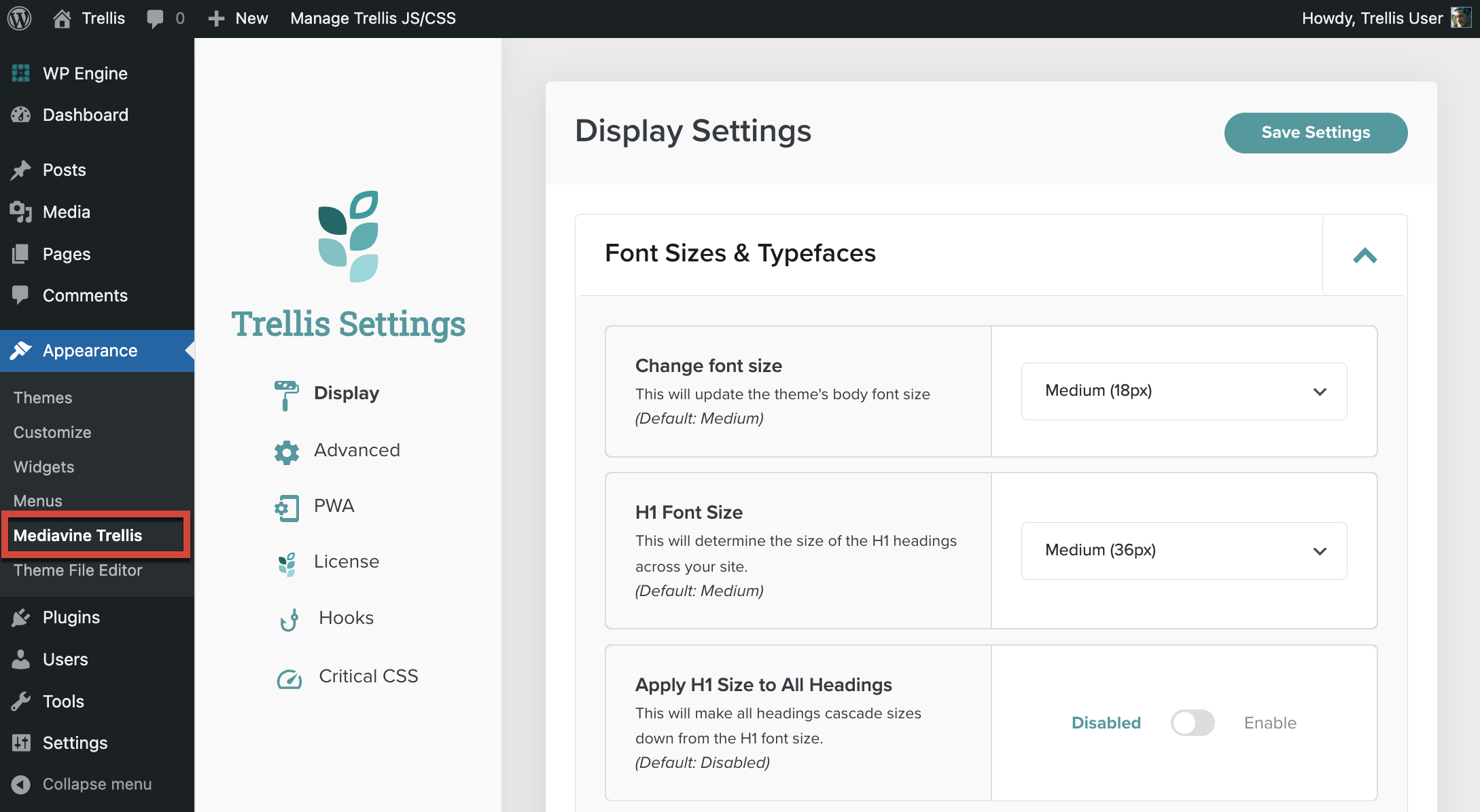 Trellis Settings in WordPress menu.