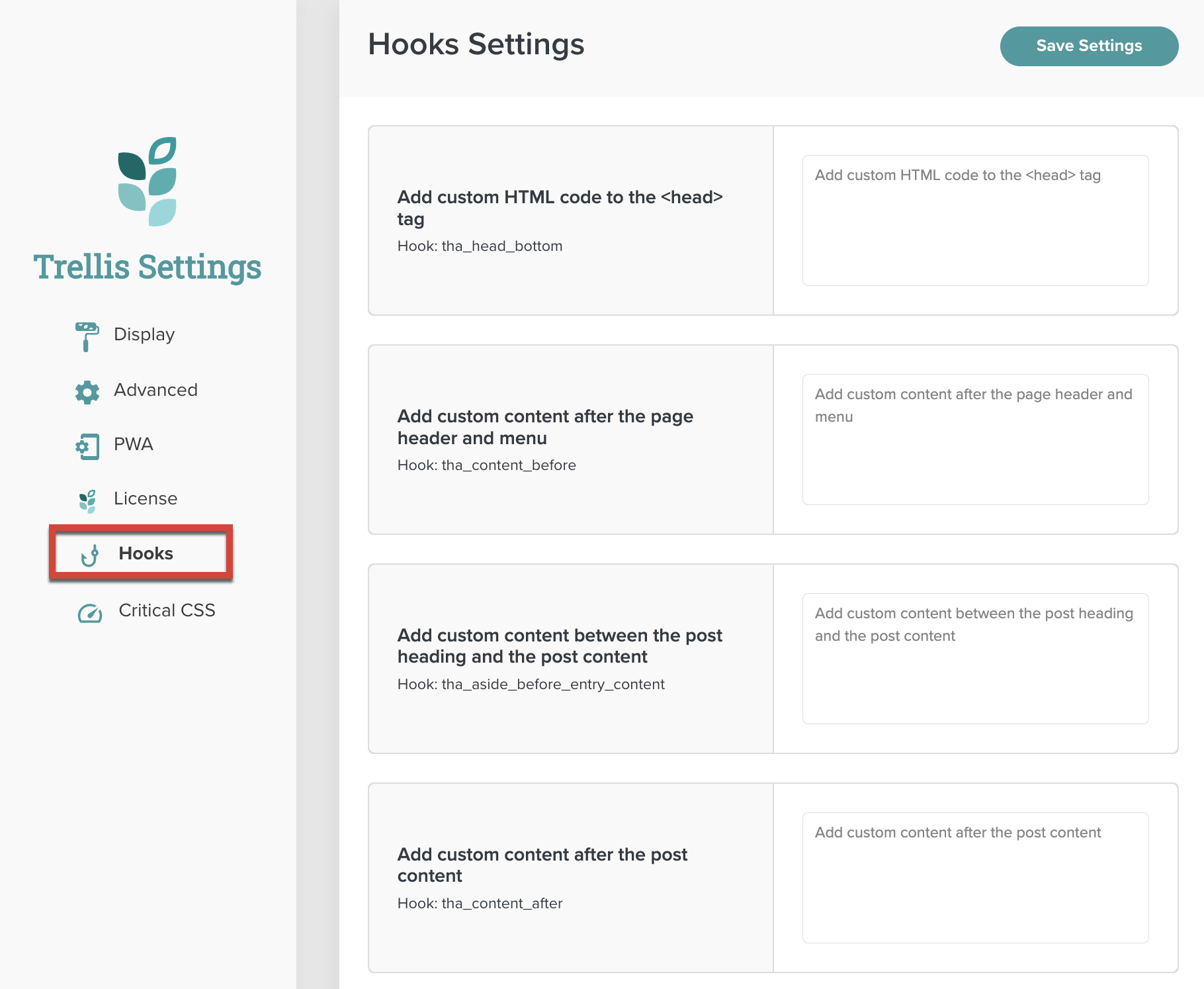 Hooks section in Trellis Settings.